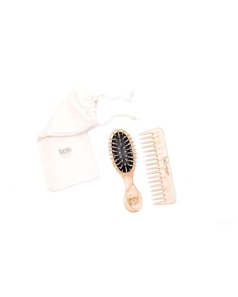 Small Oval Ash Wood Purse Brush & Comb Twin Set with Cotton Bag